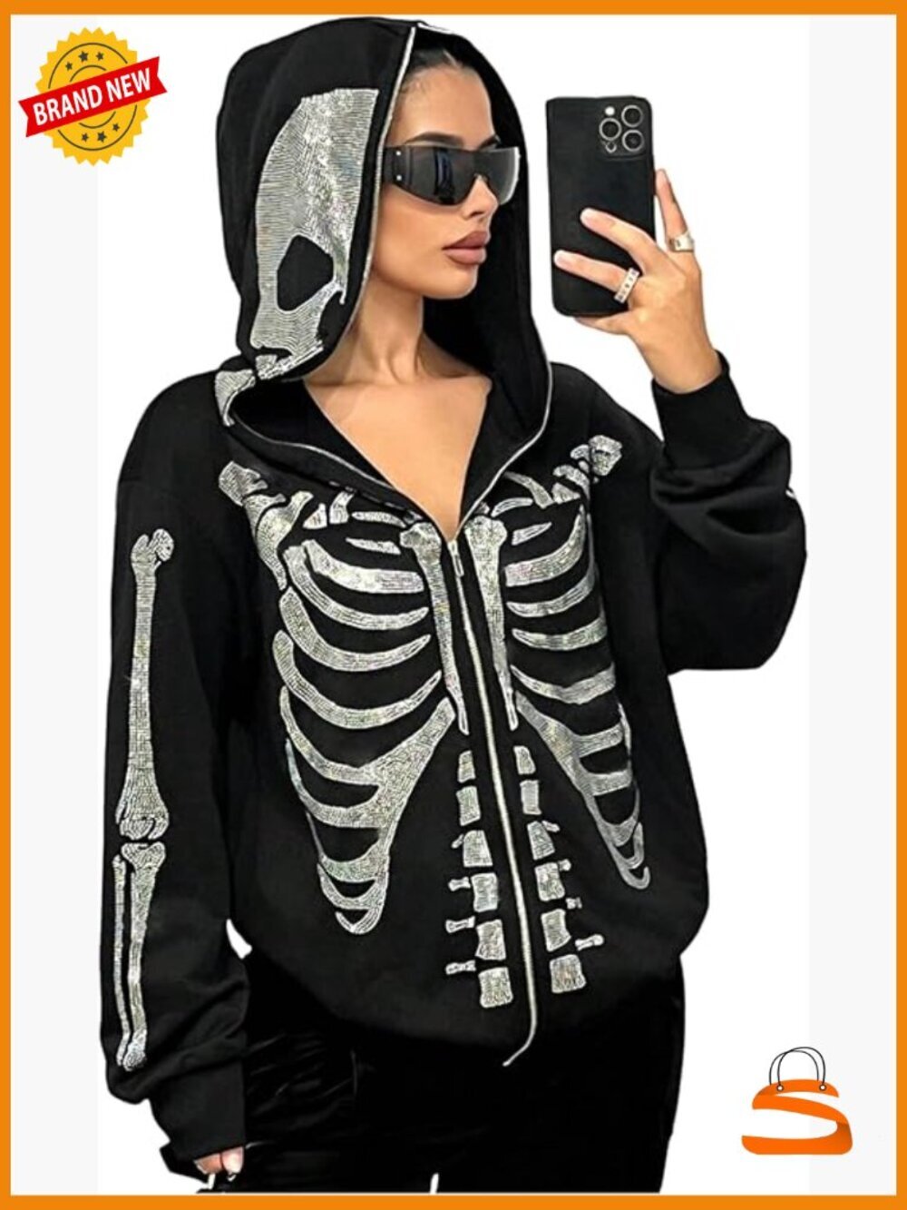 Y2k Gothic Rhinestone Zip Up Hoodie Long Sleeve Sweatshirt Streetwear